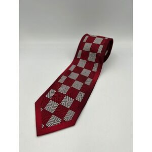 Enzo Brunatti Silk Tie Red Black White Geometric Square Pattern Mens Necktie